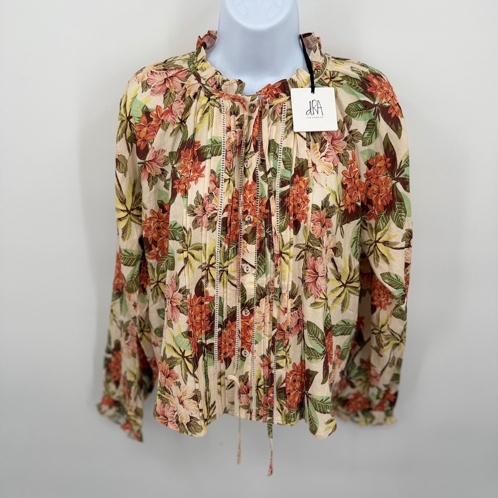 dRA Los Angeles Womens L Blouse Cream Orange Tropical Floral Ruffle‎ Neck NWT